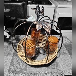 Pumpkin Wicker Basket with Amber Glass Holders